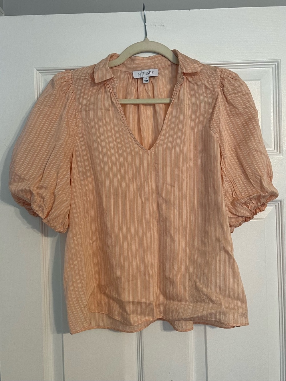 INTERMIX Silk-Blend Peach-Striped Puff Sleeve V-Neck Blouse